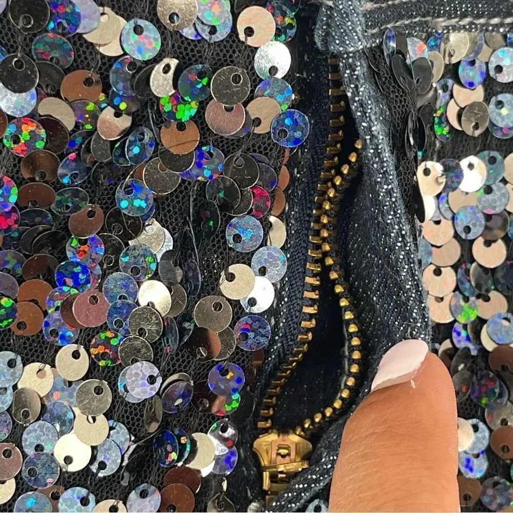 Justice Girl’s Full Sequin Front Frayed Hem Premium Denim Shorts Size 12.5